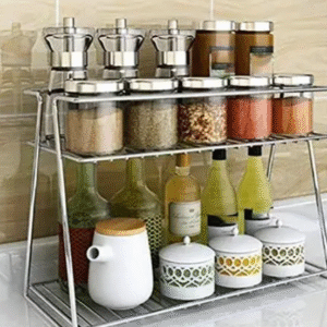 Stainless Steel 2-Tier Kitchen Rack and Organizer Spice Rack and Container Organizer, Utensils Dishes Spices Jar holder rack and cup and glass holder (2 Layer Spice Rack) Sliver