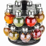 Plastic Big Revolving Spice Rack 16 In 1 Masala Rack Set Condiment Set Spice Container Tabletop Jar Bottle Spice Rack Unbreakable Kitchen Shelves (Black)