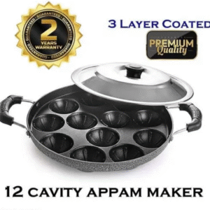 3 Layer Coated Appam Pan With Lid - 12 Cavity Maker, Non-Stick Aluminum