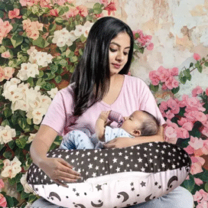 Nursing Pillow for Breastfeeding with Support Cushion, Feeding Pillow for New Born Baby with Security Fence for Enhanced Support with Adjustable Waist Strap - Grey 100% Cotton