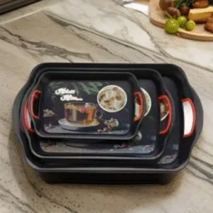 Serving Tray Set of 3 Pcs with Rectangular Shape and Printed Design, Pack of 3 Tray Set -(Large, Medium and Small (Black Tea)