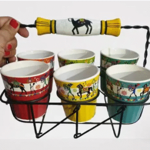 Designer,Hand Painted Ceramic Cutting Chai glass with Stand (Pack of 6 glass with Iron stand) Water & Juice Glasses