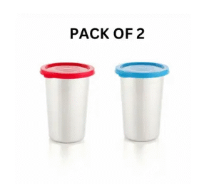 Stainless steel tumbler with lid, Air Tight Leak Proof Glass Tumblers for Office Lunch Gym Yoga Hiking Trekking Travel Home Kitchen for Water Butter Milk Chass Lassi Coffee Tea 400ml (PACK OF 2) (RED & BLUE)