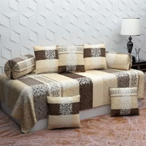 these supersoft diwan set which contains 1 single bedsheet, 2 bolster covers & 5 cushion covers.