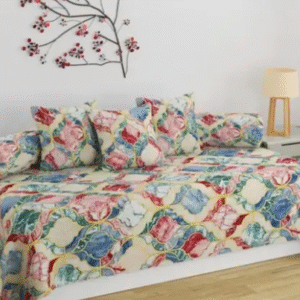 Premium Glace Cotton 6 Pieces Diwan Set Cover With 1 Single Bedsheet, 3 Cushions Covers and 2 Bolster Covers ( 220 TC ), Multicolor