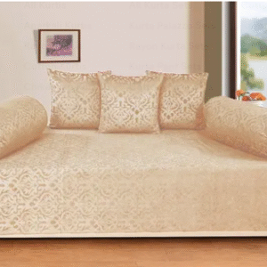 Premium Velvet Diwan Set - 1 Bed sheets, 2pc Bolster Cover with Dori, 3pc Cushion Covers (Large Sets of 6 Pieces Set) - Beige Color
