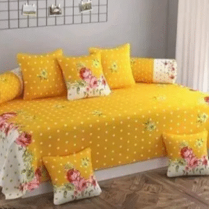 glace cotton diwan cover set which contains 1 single bedsheet, 2 bolster covers & 5 cushion covers.