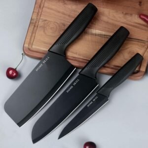 HOME SKILL® Knife for Kitchen use Stainless Steel 3 Pieces Professional Kitchen Knife for Meat Chef Knife with Non-Slip Ergonomic Handle Sharp Manual Sharpening for Home Kitchen (Black)
