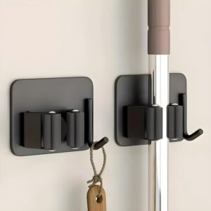 JIALTO 2 Pieces Stainless Steel Broom Holder with Hook - Wall-Mounted Adhesive Waterproof Rustproof Heavy Duty Broom and Mop Stick Holder for Home, Kitchen,