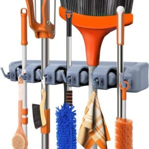 Chillyfit Broom Holder Wall Mounted, Mop and Broomstick Stand, Storage Organizer with 5 Slots and 6 Hanger Hooks - Gray, Polypropylene