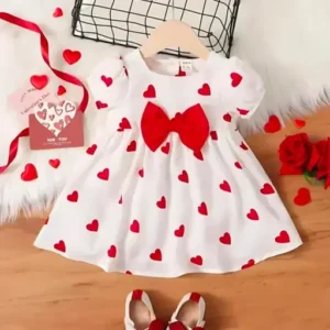 Adorable White Baby Girl Dress with Red Hearts & Matching Bow
