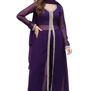 Women’s Georgette Front-Slit Kurta Set with Dupatta – Purple & Golden Embellished