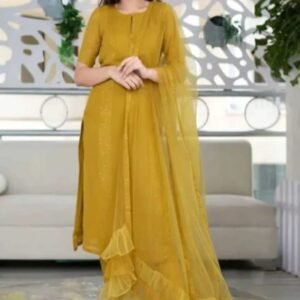 Women’s Mustard Yellow Layered Anarkali Kurta Set with Ruffled Dupatta