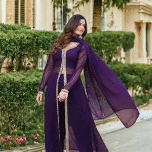 Women’s Purple Georgette Front-Slit Kurta Set with Embellished Border & Dupatta