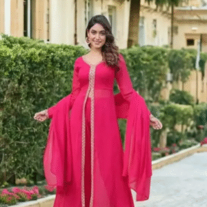 Women’s Rani Pink Georgette Front-Slit Kurta Set with Golden Lace Detailing & Dupatta