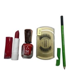 Beauty Makeup Set with Red Lipstick, Nail Colour, False Eyelashes P25, and Green Eyebrow Pencil
