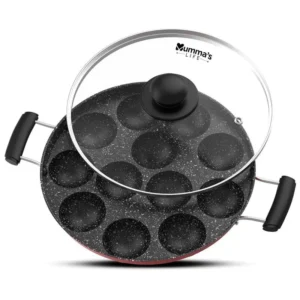 Mumma's LIFE Non-Stick 12 Cavity Grill Appam Patra 2 Side Handle with Glass Lid | Appam Maker | Appam Patra | Appam pan | Litti Maker | Appe Stand Red (22 cm)