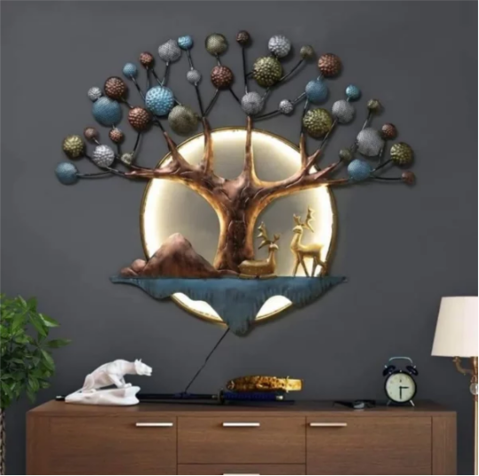 LED Light Deers Under Tree & Full Moon Metal Art Home Decor, Art & Craft