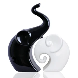 Dpaara Elegant Ceramic Elephant Duo - Black & White Abstract Sculpture