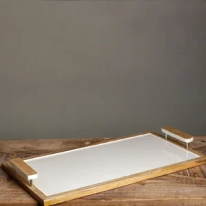 Mango Wood & White Enamel Rectangular Tray