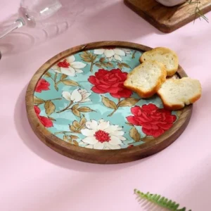 Floral Wooden Round Platter Tray