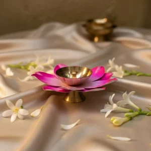 Craftooba Lotus Brass Diya With Pink Petals Single Pack Premium Decorative Diya For Diwali, Navratri, Dussehra & Pooja | Ideal Gifting Option