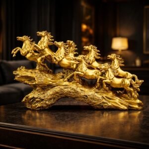 Golden 19 Inch Running 7 Victory Horses Resin Statue for Vastu and Feng Shui | Premium Home Office Living Room Decor Showpiece