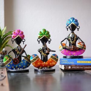 Ekhasa Nostrae Metal Show Pieces for Home Decor | Gift Items for Showcase, TV Unit Decoration | Statue, Figurines, Artifacts for Table, Living Room Decor Items (Rajasthani Musicans - Set of 3)
