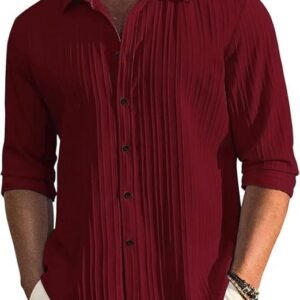 Amazon Brand - INKAST Men's Casual Button Down Shirts Long Sleeve Linen Shirt Fashion Textured Beach Summer Shirt Red (in, Alpha, M, Regular, RED)