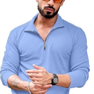 KAJARU Men's Polyester Blend T Shirt with Spread Collar Neck Line Zipper Closure Full Sleeves Solid Pattern Regular Fit and Standard Length