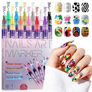 MANSPOT 12 Color Nail Art Pens Set, Nail Polish Pens 0.5MM Fine Tip Acrylic Paint Pen Nail Art Markers Quick-Dry Nail Art Tools for Dotting Drawing Painting DIY Nail Art Beauty Manicure