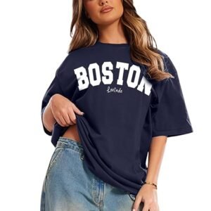 LEOTUDE Women Cottonblend Drop Shoulder Oversized Round Neck Half Sleeve Tshirt, Longline Printed T-Shirt