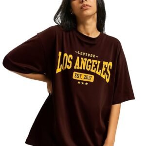 LEOTUDE Women's Oversized Cottonblend Half Sleeve Drop Shoulder Printed Tshirt (Color Brown)