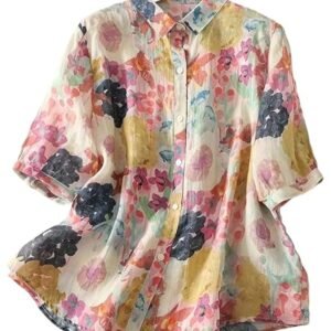 Gufrina Women’s Casual Button-Down Shirt with Multicolor Floral Print & Half Sleeves, Collar Neck