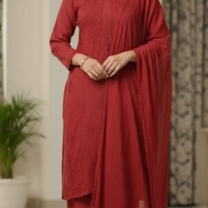 Lucknow Handwork Chikankari 3 Piece Palazzo Set With White Embroidery