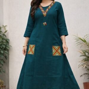 Simora Fashion Pure Cotton LongLine Cord Set Embroidery At Neck And Pocket Pant Palazzo