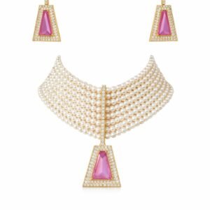 Luxury Multi-Layer Pearl Choker Set with Pink Stone Geometric Pendant & Matching Earrings