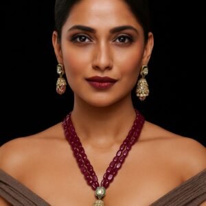 Elegant Ruby Beaded Necklace Set with Antique Brass Pendant & Statement Earrings