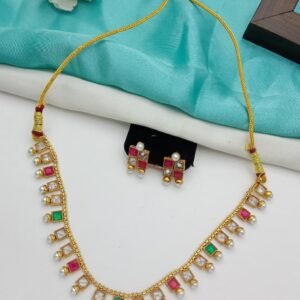 Traditional Gold-Plated Multicolor Stone Necklace Set with Pearl Drops & Matching Earrings