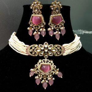 Elegant Kundan Choker Necklace Set with Pink Stone Pendant & Pearl Strings