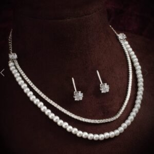 Elegant Pearl and Diamond-Studded Necklace Set with Earrings