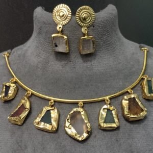 Bohemian Geometric Stone Necklace and Earring Set with Gold-Plated Detailing