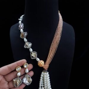 Elegant Multi-Layered Pearl Necklace with Semi-Precious Stones & Matching Earrings Set 1