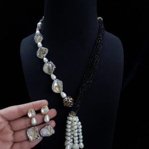 Elegant Multi-Layered Pearl Necklace with Semi-Precious Stones & Matching Earrings - Set 2