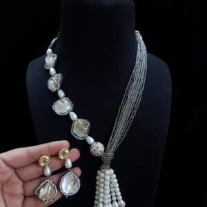Elegant Multi-Layered Pearl Necklace with Semi-Precious Stones & Matching Earrings - Set 3