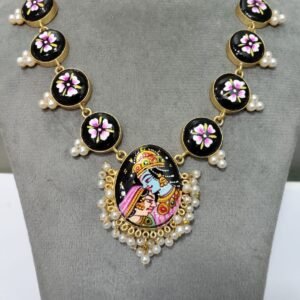 Traditional Hand-Painted Lord Krishna Necklace with Pearl Detailing and Matching Earrings