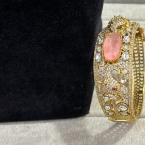 Exquisite Gold-Plated Diamond and Rose Quartz Bangle