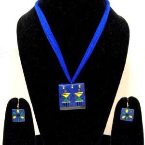 Royal Blue Handcrafted Tribal Pendant Necklace Set with Matching Earrings