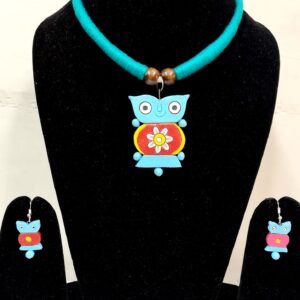 Handcrafted Terracotta Cute Owl Pendant Set with Turquoise Thread Necklace & Earrings