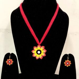 Hand-Painted Terracotta Floral Pendant Set with Red Thread Necklace & Matching Earrings